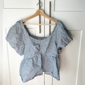 Puff Sleeve Ruched Babydoll Swing Blouse Blue Stripe